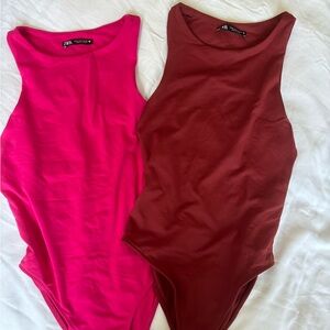 Two Zara Bodysuit Tank Top sleeveless fuchsia pink and maroon red